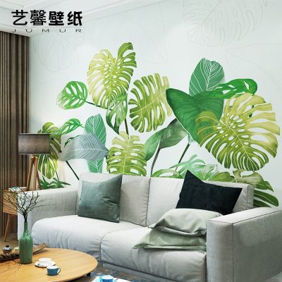 【CW】 customized rainforest leaves green personality simple art wallpaper living room TV background wall dining bedroom mural