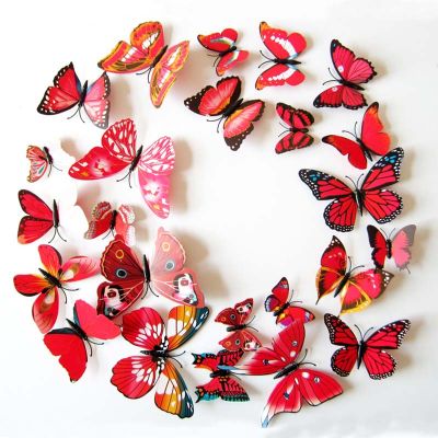 12Pcs Home Decor Bedroom Wedding Room Decals PVC 3D Butterfly Red Wall Sticker Waterproof Rooms Decorative Party Decoration Diy Tapestries Hangings