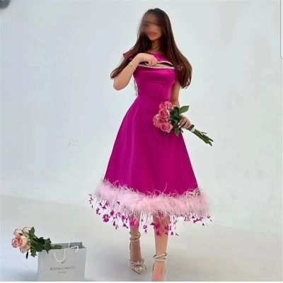 【HOT】▣✇ Prom Fashion Pink Neck Feathers Sequined A Evening Length Formal Gown Vestidos