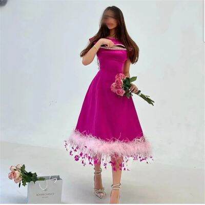 【HOT】▣✇ Prom Fashion Pink Neck Feathers Sequined A Evening Length Formal Gown Vestidos