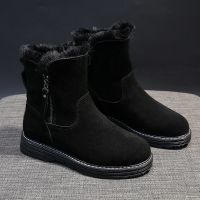 New Ankle Boots Women Zip Flat Leather Short Plush Winter Shoes Women Warm Ladies Boots Ankle Sewing Fashion Black Shoes Woman