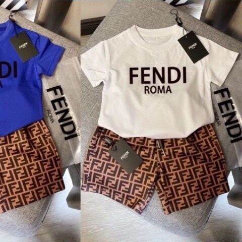 fendi-ใหม่ฤดูร้อนสบายๆสองชิ้นเด็กชายและเด็กหญิงผ้าฝ้ายกางเกงขาสั้นแขนสั้น