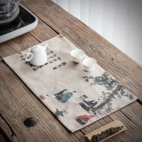 Chinese Style Cotton Linen Fabric Tea Table Tea Mat Printing Zen Waterproof Table Runner Dry Pour Tea Towel Mat Tea Napkin