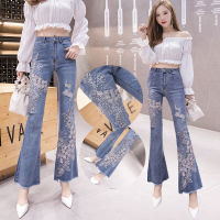 2023 Summer New Spring and Autumn Denim Trousers Vertical Flared Slim Pants Three-dimensional Flowers Tel Was Thin Womens Jeans