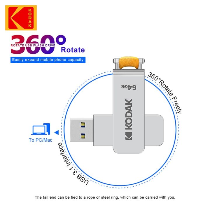 kodak-แฟลช-usb-แฟลช-usb-โลหะ-usb3-0หมุนได้64gb-128gb-สายคล้อง256gb-ไดรฟ์หน่วยความจำ-pendrive-ไดรฟ์ปากกา-otg-ดิสก์-u-กันน้ำ