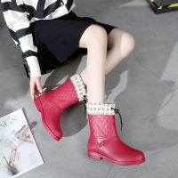 Rain Boots Water Shoes Rubber Female Middle Tube Fashion Students Anti-Slip Waterproof Rice Planting Cute