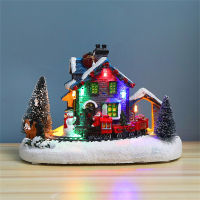 Christmas Village Figurines LED Lights Small Train Christmas Village House Luminous Landscape Figurines Resin Desktop Ornament