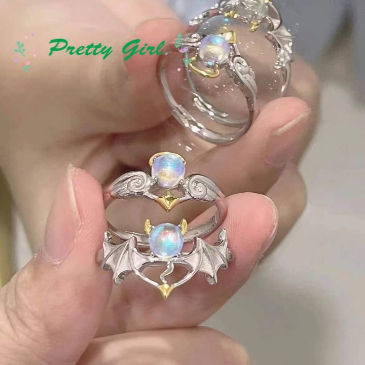 เวอร์ชั่นเกาหลี-ins-ออกแบบเรขาคณิตสองสีปรับแองเจิลปีศาจเพทายแหวนเครื่องประดับผู้หญิง-pretty-girl-jewelry