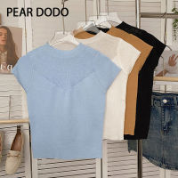 PEAR DODO เสื้อถักแขนแขนสั้นคอกลมสำหรับผู้หญิงสไตล์สั้นแขนเกาหลีเสื้อเอวลอยเกาหลี