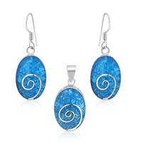 Silver thai Sterling Silver Spiral Design Turquoise Blue Oval Pendant and Earrings Set จี้พร้อมต่างหูขายเป็นเซ็นวงรีสีฟ้ารูปก้นหอยเงินแท้925