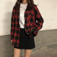 Baju Kemeja ak Oversize Perempuan Korean Style Women Vintage Cotton Loose Labuh Merah Flanel Blouse Long Sleeve Uni Ootd