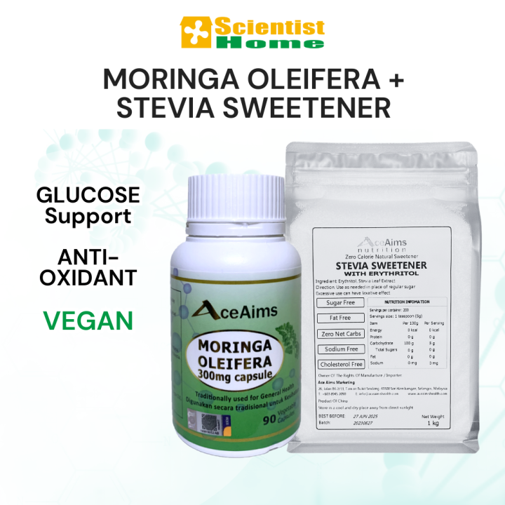 ACE AIMS Moringa Oleifera 300mg 90 capsules + Stevia Sweetener With Erythritol 200g Glucose