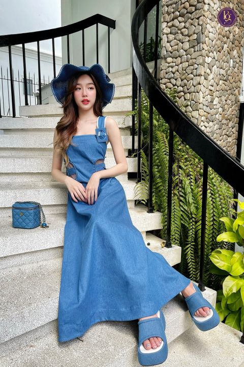 denim-land-dress-เดรสยีนส์กระโปรงยาว-เดรสยีนส์เบสิค-เดรสยีนส์เเต่งเว้าเอว