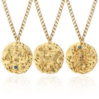 12 Zodiac Constellation Necklace for Women Gold Color Amulet Vintage Coin Womans Pendant Copper Pave CZ Trendy Punk Collars