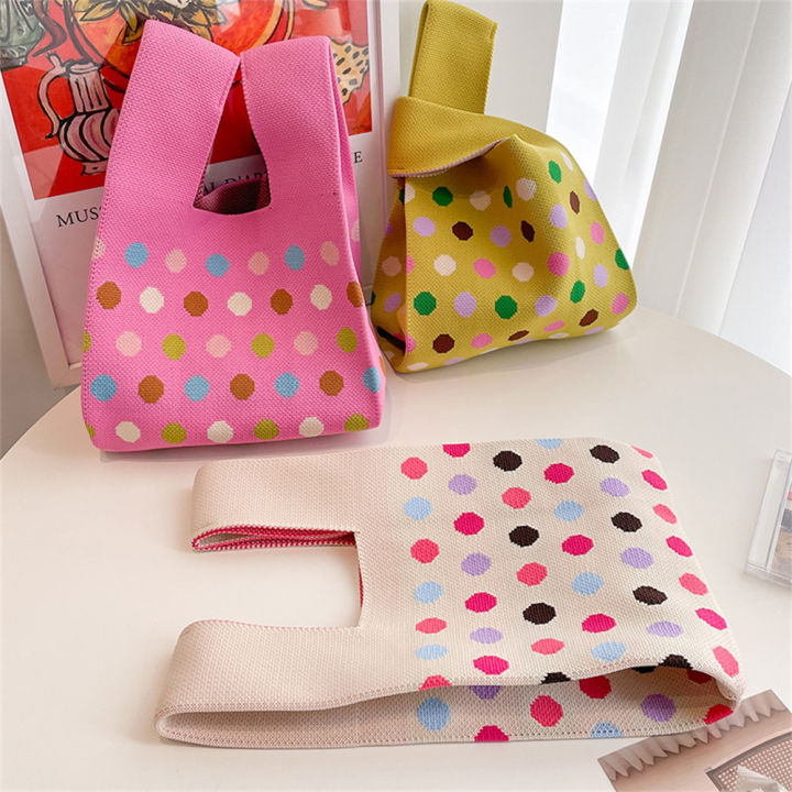 bag-stripe-student-japanese-shopping-bags-mini-reusable-plaid-shopping-color-women-knot-handbag-knit-wrist