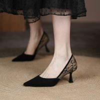 2022 Summer Pointed High Heels Women Shoes Sexy Lace Stitching Fashion Pumps French Retro Elegant Ladies Shoes Chaussure Femme