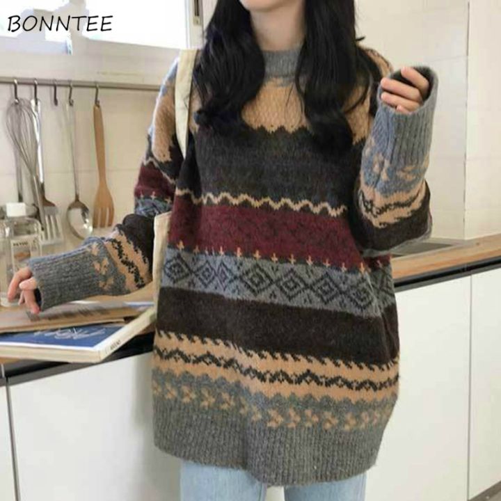 Chaoliu Sweater Pullovers Women Vintage Loose Casual Sweaters Geometric Retro Lazy Female 4xl 