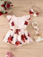 Adorable Baby Girl s Tutu Romper with Flying Sleeves Rose Print and Bow Headband - Perfect for Summer Playtime  by Hs2023