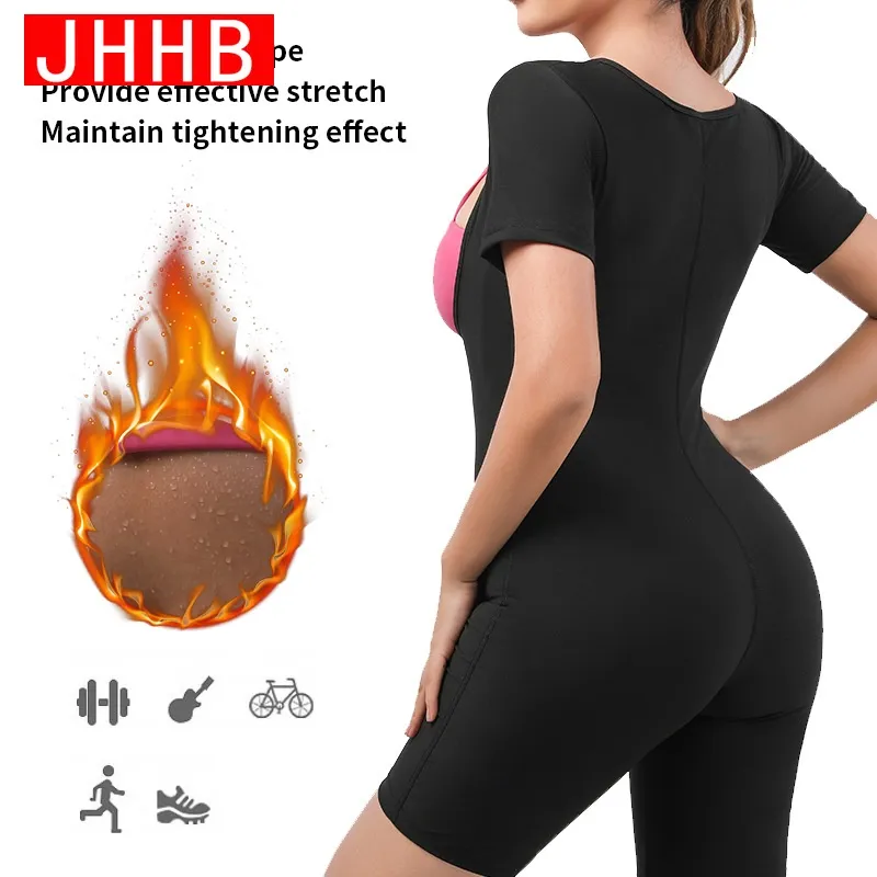 JHHB Sauna Suit for Women Sweat Vest Waist Trainer 3 In 1 Slimming Full  Body Shaper Workout with Sleeve Shorts
