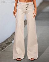 Plain Button Fly Buckle Taped Wide Leg Pants Women Loose Fashion Casual Pants Trousers Solid Color