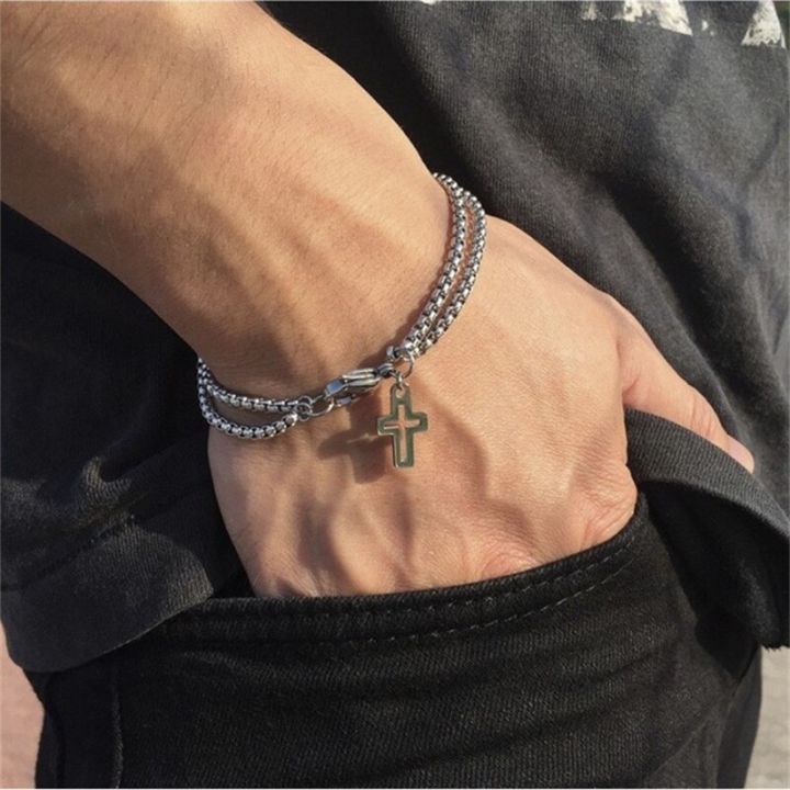 double-chain-hollow-cross-pendant-stainless-steel-lobster-claw-claw-bracelet-fashion-hip-hop-punk-party-mens-jewelry-gift-adhesives-tape