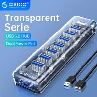 ORICO ชุด USB ฮับแบบ4 7พอร์ตแบบโปร่งแสงตัวแยก USB3.0ความเร็วสูง USB กับไมโคร USB พอร์ตไฟสำหรับอะแดปเตอร์ OTG แล็ปท็อป PC