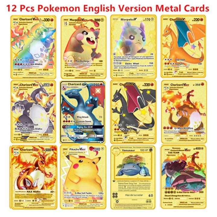 การ์ดโลหะโปเกมอน6-12ชิ้น-เซ็ตเวอร์ชันภาษาอังกฤษสเปนภาพอนิเมะ-charizard-pikachu-pocket-monster-การซื้อขายการต่อสู้การ์ดของเล่น