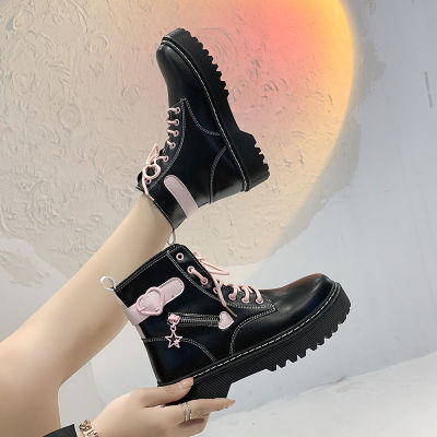 QWEEK Lolita Japanese Kawaii Pink Black Martin Boots Short Love Shoes 2021 New Platform Wild Thick-heeled Rubber Wedges Shoes