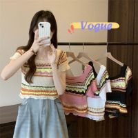 卍✘ Vogue?พร้อมส่ง? เสื้อถักไหมพรมแขนสั้น คอเหลี่ยม ลายโบฮีเมียน (R023) -C