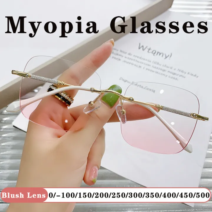 Blush Myopia Glasses Frameless Eyeglasses Women Use Finished With Degree Large Frame Short