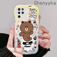 เคส Chenyyyka สำหรับ OPPO A94 4G F19 Pro Reno 5F Reno 5 Lite เคสการ์ตูนหมีสีน้ำตาลน่ารักเนื้อครีมคลื่นเคสโทรศัพท์โปร่งใสกรอบกันกระแทกเรียบง่ายปลอกป้องกันซิลิโคนใส