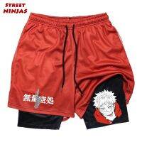 Anime Jujutsu Kaisen Print Gym Shorts for Men 2 in 1 Compression Shorts with Pockets Quick Dry Stretchy Running Fitness Workout