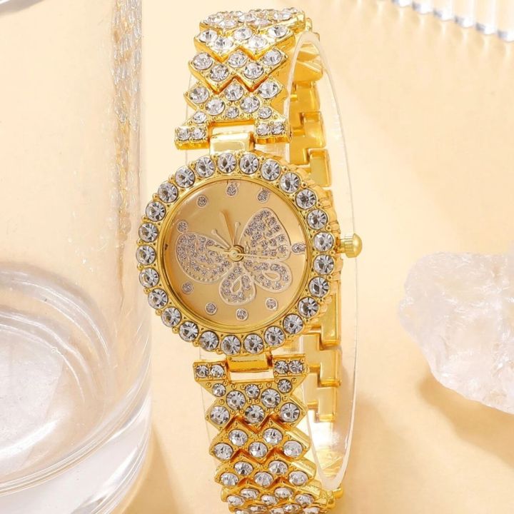 ชุดนาฬิกาสำหรับผู้หญิง5ชิ้นพร้อมต่างหูสร้อยคอสร้อยข้อมือแหวนใหม่ไรน์สโตนผีเสื้อนาฬิกาสายรัดเหล็ก