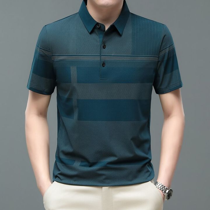 hot11-browon-brand-business-cal-men-t-shirt-2023-new-summer-short-sleeve-thin-tees-tops-striped-print-turn-down-collar-men-clothes