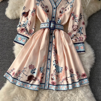 Palace style retro print stunning skirt high-end fashion V-neck single-breasted waist slimming short dress female spring 2022