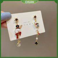 CHUAN 2 pairs S925 ต่างหูทรงไม่สมมาตร บัตรเล่นการ์ด นาฬิกาสำหรับผู้หญิง ต่างหูลายโป๊กเกอร์ ตลกๆ กระต่ายน้อยๆ ต่างหูเคลือบเอนาเมล สำหรับผู้หญิง