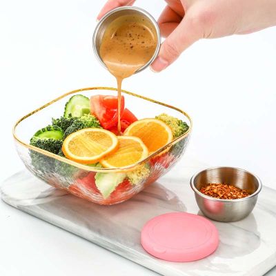 Sealed Stainless Steel Dipping Plate Outdoor Sauce Cup With Cover Silicone Covered Sauce Container Small Stainless Steel Sauce Cup Portable Dipping Plate
