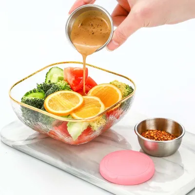 Portable Sauce Container With Cover Outdoor Mini Dipping Plate Portable Dipping Plate Silicone Covered Sauce Container Small Stainless Steel Sauce Cup