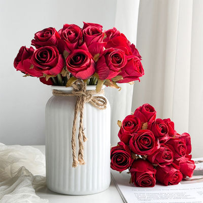 【cw】12PCS Rose Artificial Flower for White Wedding Decoration Silk Flower for Home Table Decor Fake Flower Valentines Day Gift ！TH