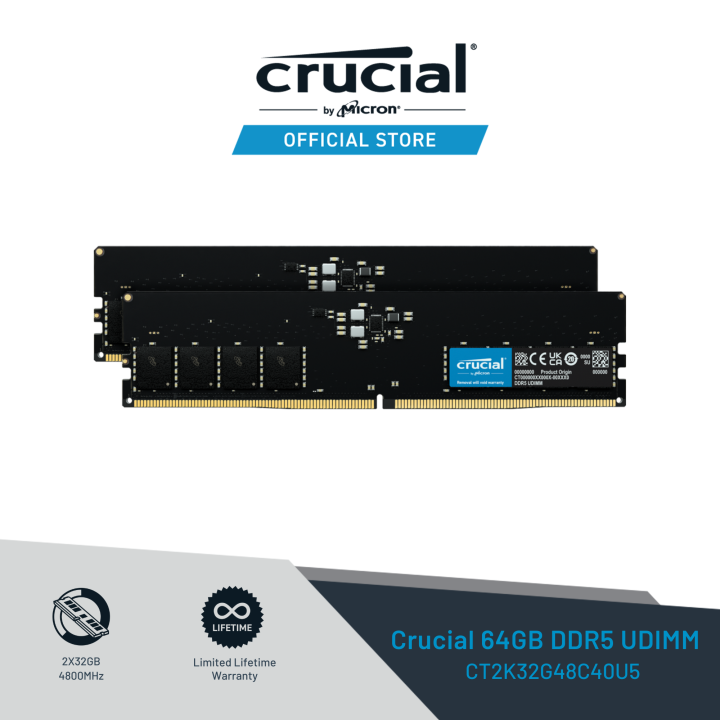 Crucial 64GB Kit (2 x 32GB) DDR5-4800 UDIMM - CT2K32G48C40U5