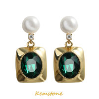 Kemstone Vintage Gold Plated S925 Silver Post Geometric Shiny Green Crystal Cubic Zirconia Freshwater Pearl Drop ต่างหูสำหรับผู้หญิงเครื่องประดับ Gifts