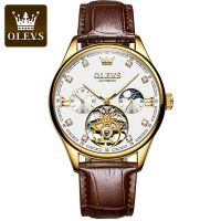 ⌚นาฬิกาควอตซ์หนังแท้ Tourbillon นาฬิกาข้อมือธุรกิจผู้ชายแฟชั่นของ OLEVS เรืองแสงสำหรับบุรุษนาฬิกาข้อมือลำลองกันน้ำ