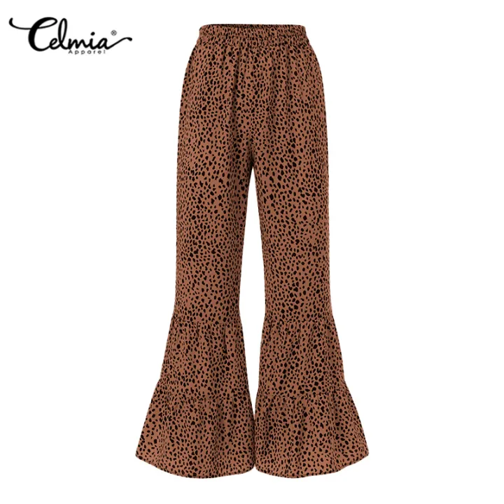 Celmia Women's High Waist Lepoard Print Trousers Wide Leg Flared Bell ...