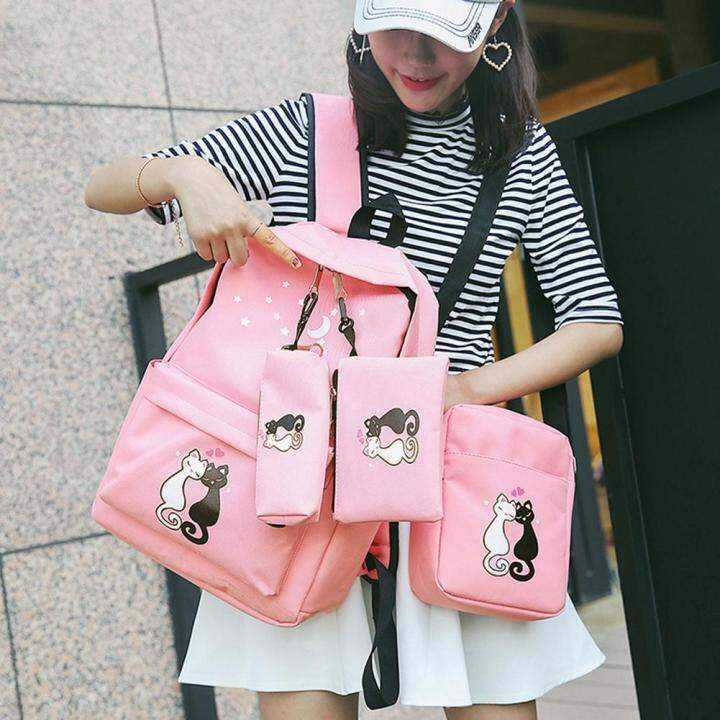 4pcs-ถุงเท้าลายแมวน่ารักน่าเอ็นดูพิมพ์กระเป๋าเป้ผ้าใบแบบใช้ได้ทุกเพศ-preppy-chic-กระเป๋านักเรียน