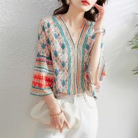 blouses women new style 2023 blouses women semi formal Woman Summer Vintage Style Chiffon Blouses Tops Lady Casual Hafl Flare Sleeve V-Neck Printed Blusas Tops ZZ1326