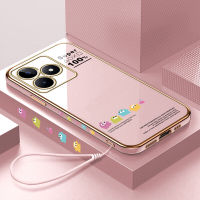 Case4you สำหรับฟรีสายคล้อง Realme C53 Realme Narzo N53 + การ์ตูน Pac-Man ขอบสี่เหลี่ยมเกมรูปแบบปลอกชุบหรูหราเคสโทรศัพท์นิ่ม