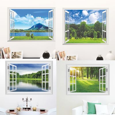 [24 Home Accessories] 3D ปลอมหน้าต่างสติ๊กเกอร์ติดผนังสำหรับสำนักงานห้องนั่งเล่นห้องนอนตกแต่งบ้านป่าพื้นที่ทิวทัศน์ภาพจิตรกรรมฝาผนังศิลปะรูปลอก