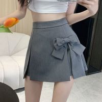 HOUZHOU ROK Mini ร่องติดโบว์น่ารักสำหรับผู้หญิง MODE Korea กระโปรงเอวสูงหรูหราเย็บปะติดปะต่อกันสีทึบกางเกงขาสั้นกระโปรงทรงเอพอดีตัว