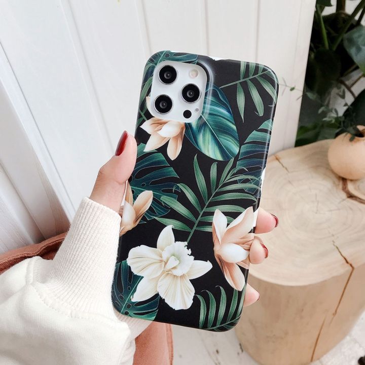 matte-floral-case-for-iphone-14-12-mini-13-11-pro-max-xr-xs-max-x-7-8-plus-soft-tpu-tropical-leaf-flowers-girl-phone-cases-cover