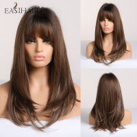 EASIHAIR Medium Length Brown Straight Women Wigs with Bangs Heat Resistant Natural Synthetic Wigs for Women Daily Cosplay Party